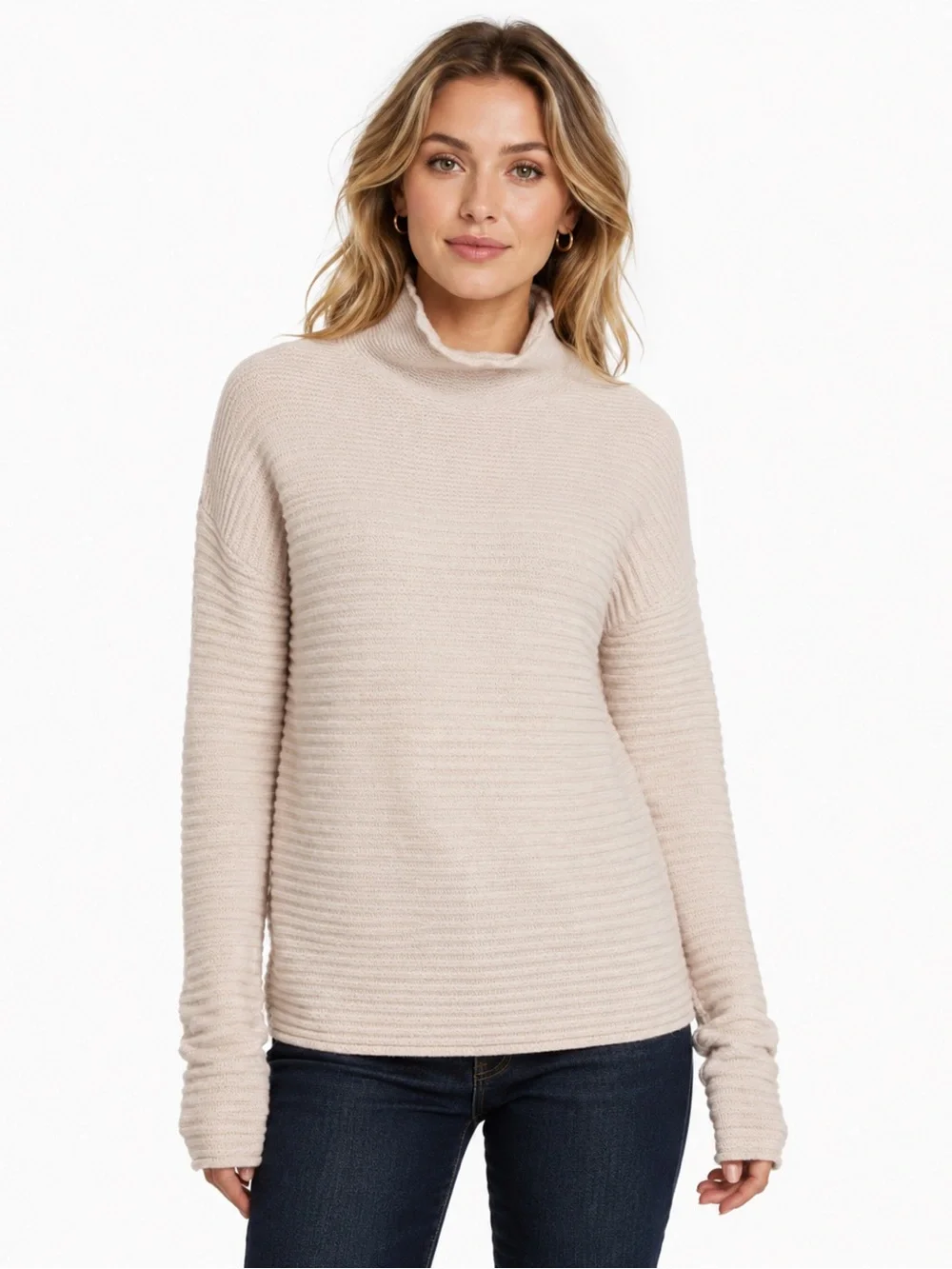 360 Cashmere 100% Cashmere Funnel Neck Sweater Cream Audra Textured Knit M